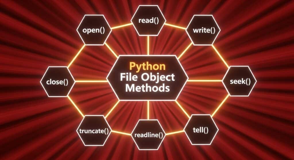 Diagram illustrating Python file object methods such as open(), read(), write(), close(), seek(), truncate(), readline(), and tell(), arranged around a central hexagon labeled “Python File Object Methods” on a glowing red radial background.
