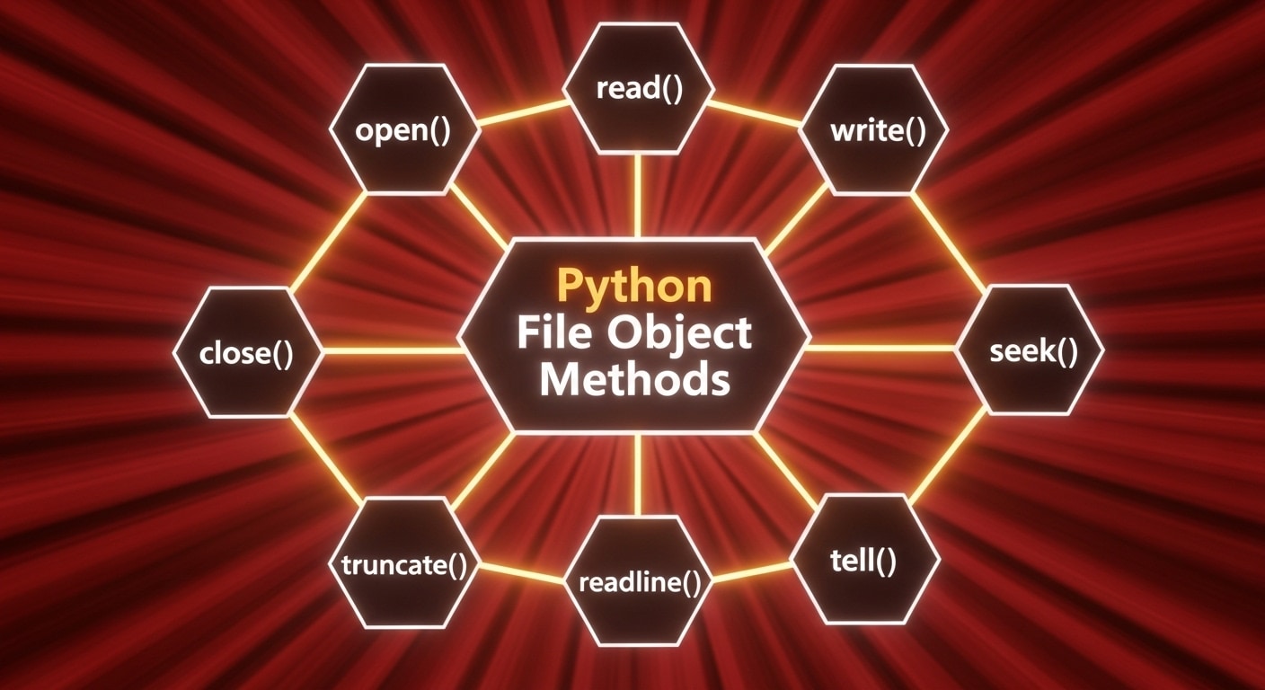 Diagram illustrating Python file object methods such as open(), read(), write(), close(), seek(), truncate(), readline(), and tell(), arranged around a central hexagon labeled “Python File Object Methods” on a glowing red radial background.