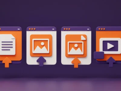 Illustration showing how to upload file on website, including documents, images, and videos