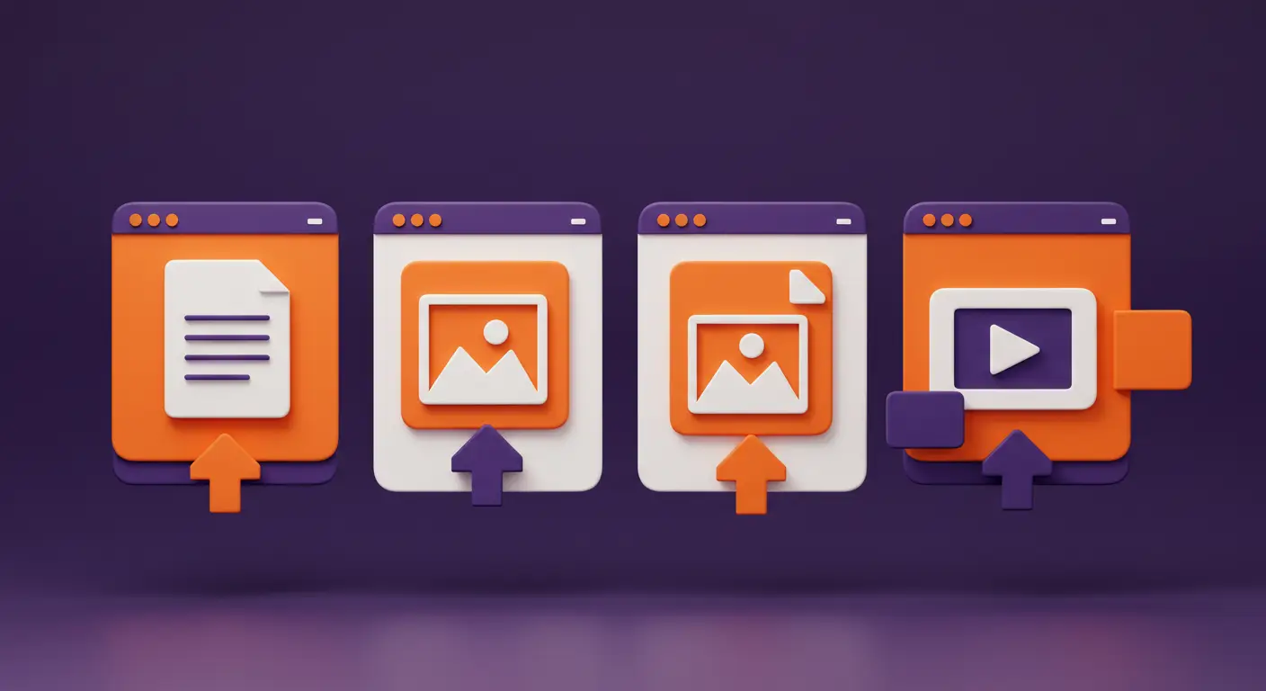 Illustration showing how to upload file on website, including documents, images, and videos