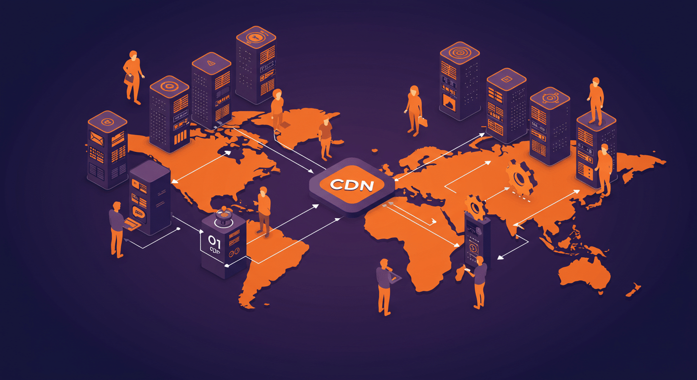 Illustration of a global CDN network showing an origin server connected to multiple edge servers across continents, with users accessing content locally.