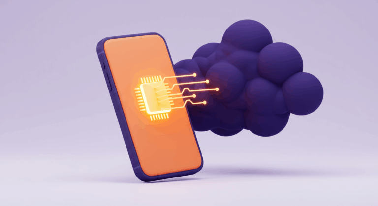 3D illustration showing a mobile device connected to a cloud, symbolizing offloading image processing tasks from the device to cloud infrastructure for enhanced performance.