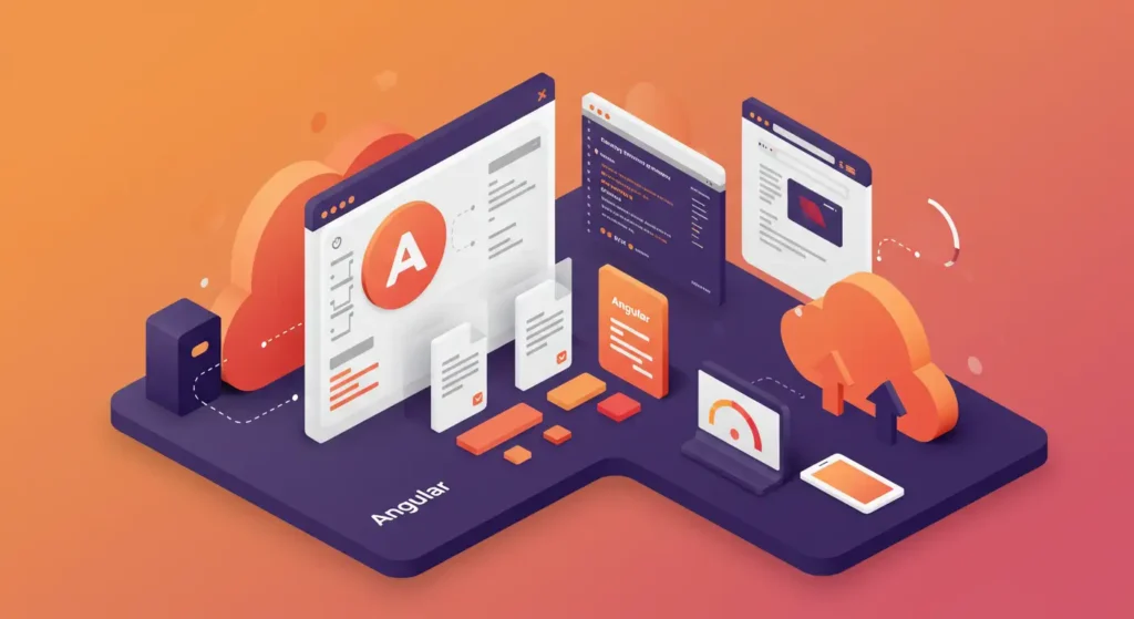 Illustration of Angular SDK enhancing document upload UI with performance tools, cloud integration, and modular interface design.