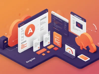 Illustration of Angular SDK enhancing document upload UI with performance tools, cloud integration, and modular interface design.