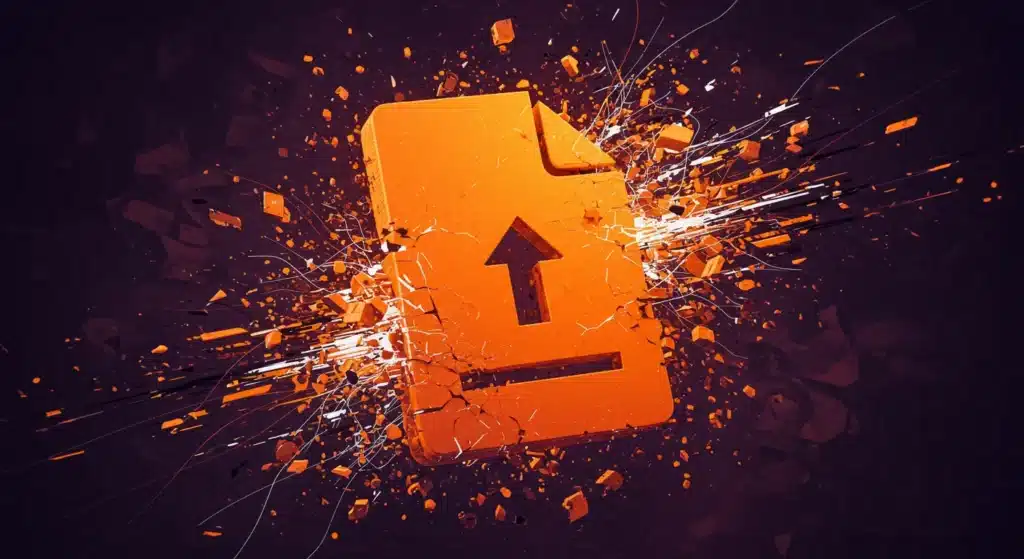 Visual metaphor of uploading large files, showing an exploding orange file icon with an upload arrow, symbolizing the complexity and challenges of large file uploads.