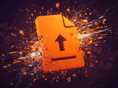 Visual metaphor of uploading large files, showing an exploding orange file icon with an upload arrow, symbolizing the complexity and challenges of large file uploads.
