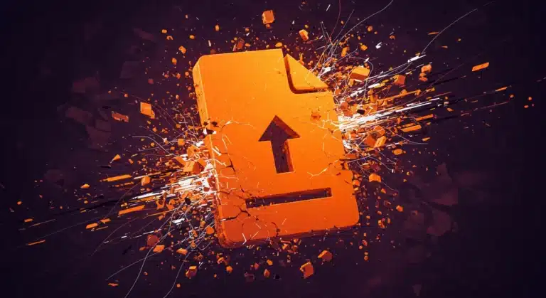 Visual metaphor of uploading large files, showing an exploding orange file icon with an upload arrow, symbolizing the complexity and challenges of large file uploads.