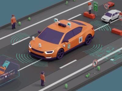 3D illustration of an autonomous car using object recognition APIs to detect pedestrians, road signs, and obstacles for enhanced user experience