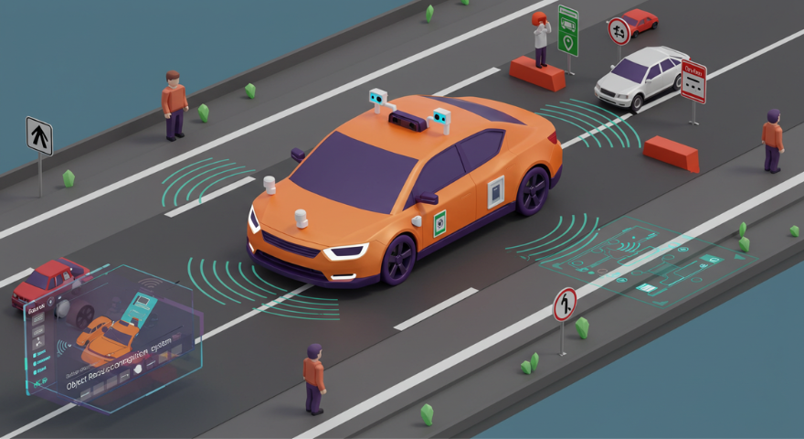3D illustration of an autonomous car using object recognition APIs to detect pedestrians, road signs, and obstacles for enhanced user experience