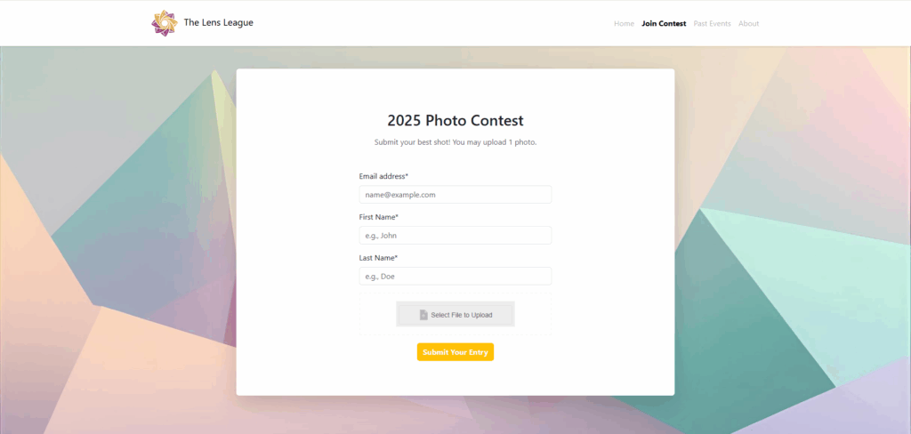 An image of a sample yearly photo contest. In the landing page, a form takes the center screen, and it contains the email address and name fields as well as a mini file picker.