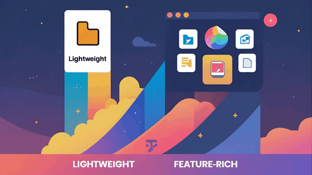 Comparing a mini file picker and a full-featured file. In the image, the mini uploader is represented as lightweight and fast, while the traditional uploader is represented as feature-rich and visually heavier.