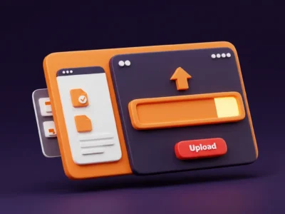 3D-rendered UI showing a file uploading panel with a progress bar, upload button, and file icons on a dark purple background