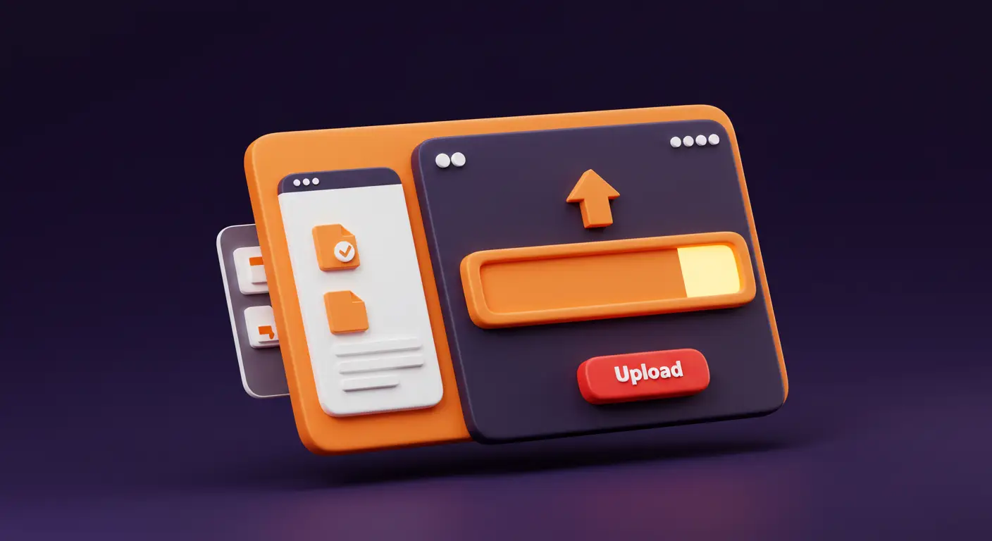 3D-rendered UI showing a file uploading panel with a progress bar, upload button, and file icons on a dark purple background