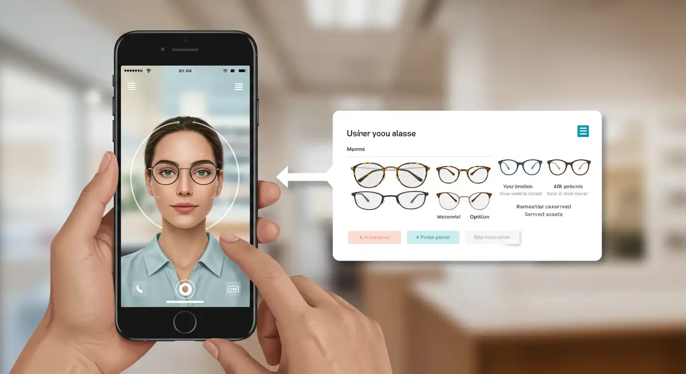 A person using a mobile AR app to try on eyeglasses virtually, with image assets loaded from a hosted gallery.