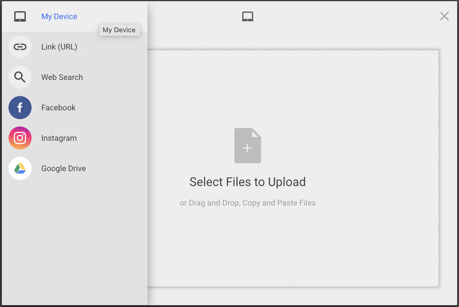 Filestack File Picker Interface with Multiple Upload Source Options