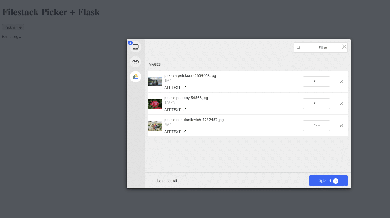 Filestack file picker interface displaying selected images from multiple sources, ready for upload.