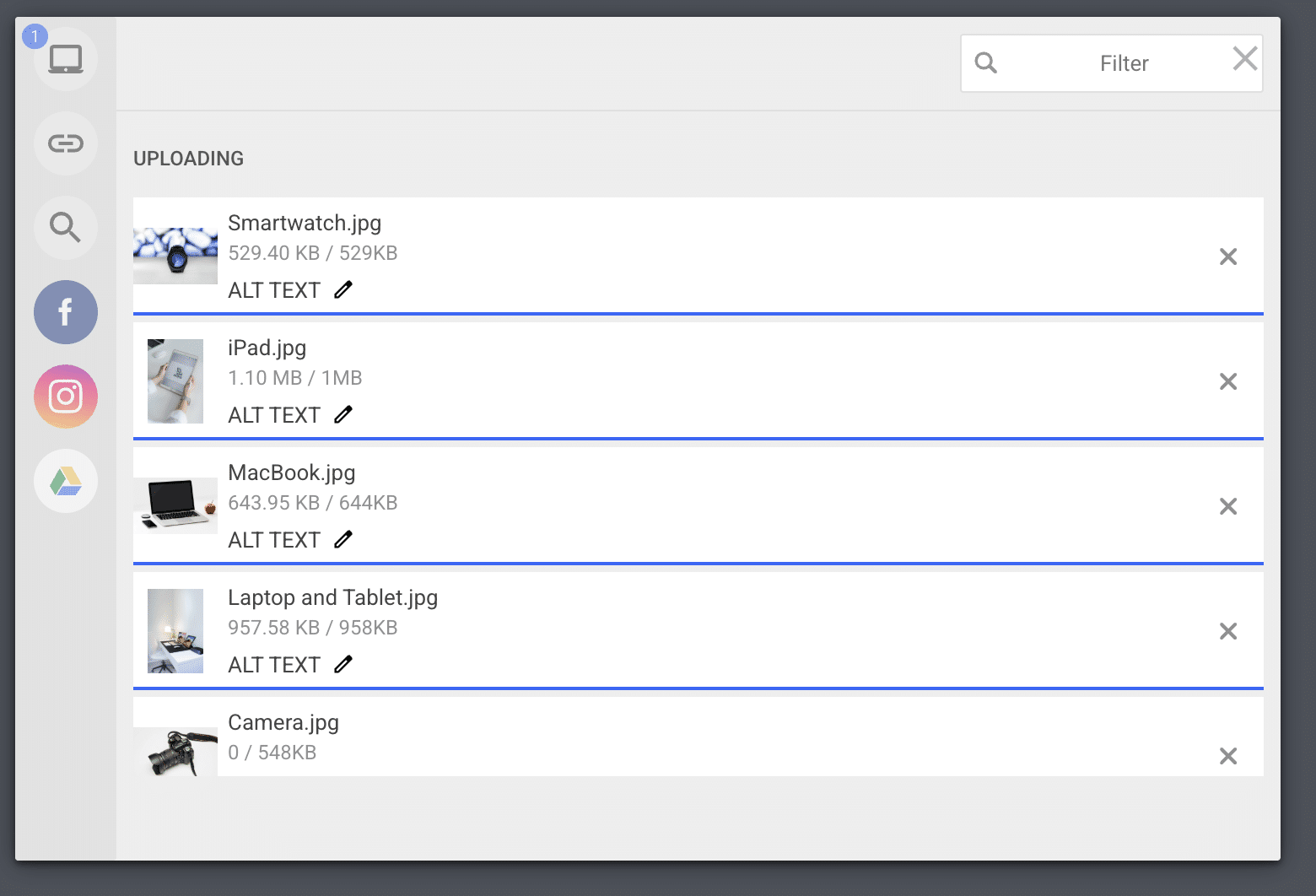 Filestack image uploader shows upload progress with visual indicators