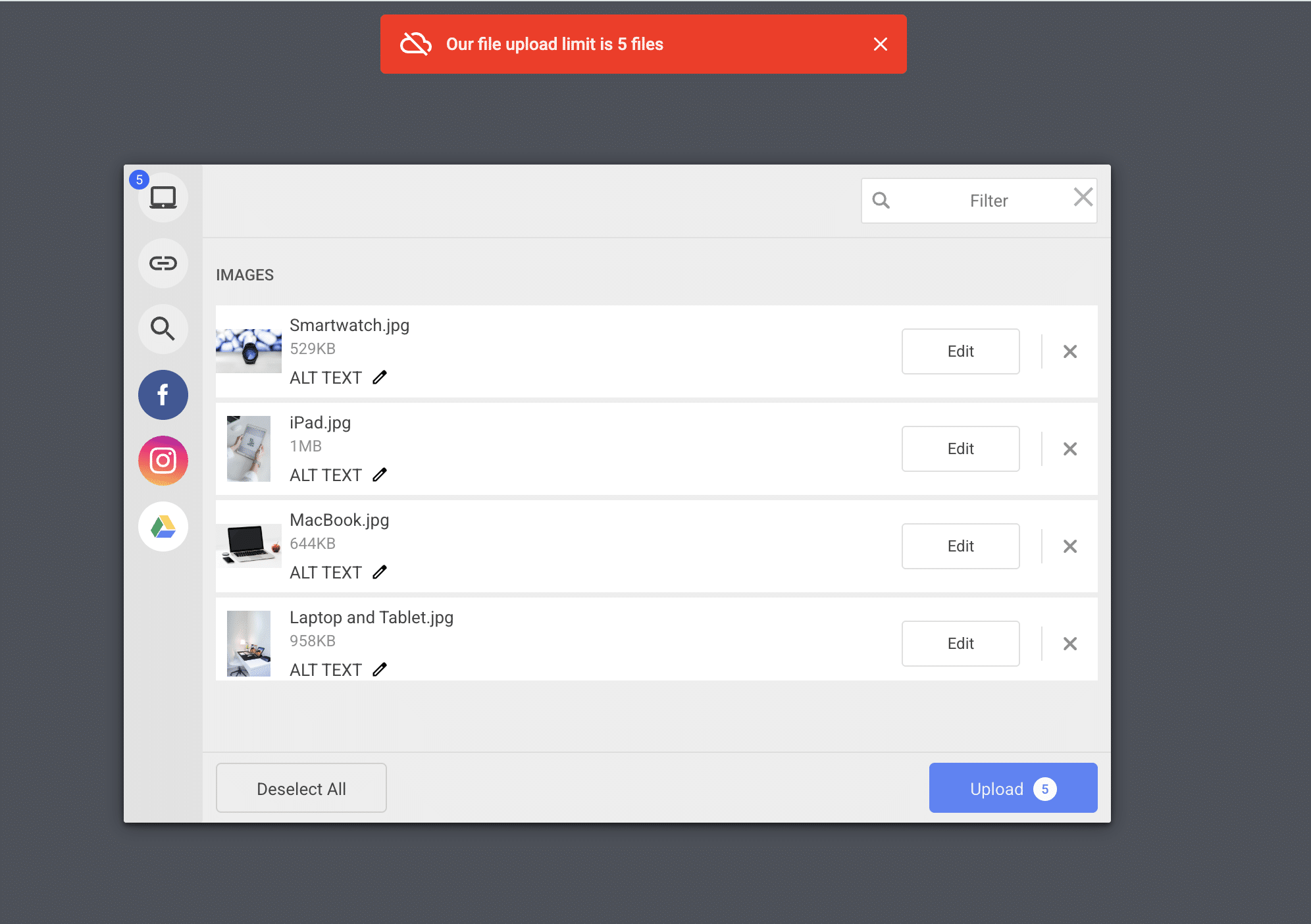 Filestack online image uploader shows clear error messages