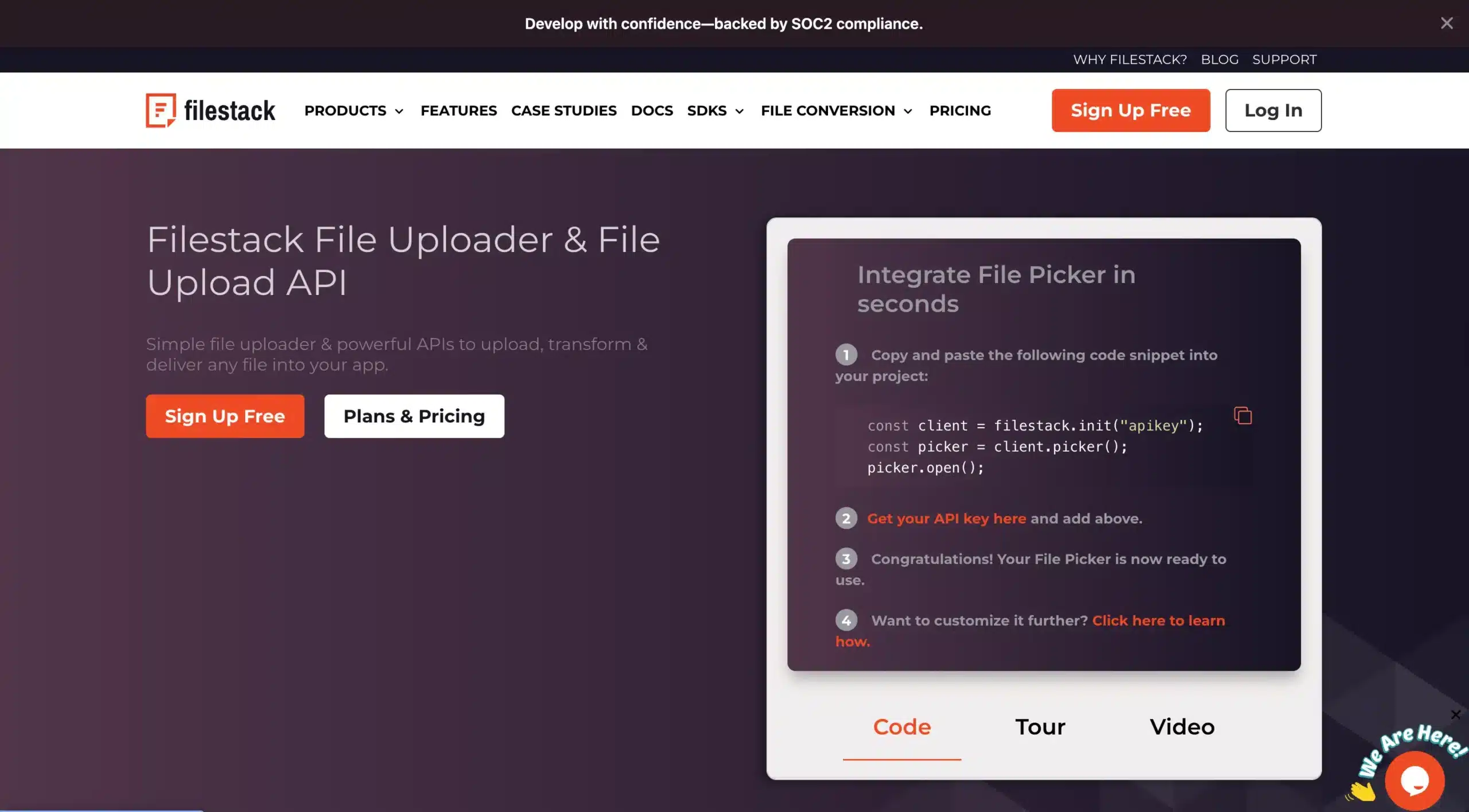 Home page of Filestack quick file upload platform - best file manager plugin for WordPress