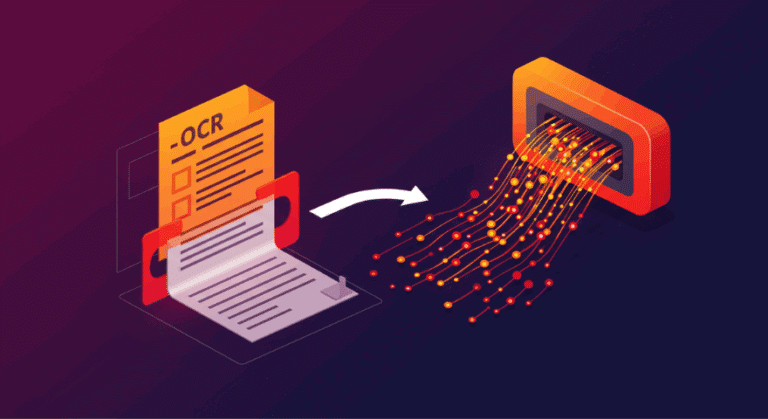 Illustration of OCR document automation converting scanned text into digital data streams