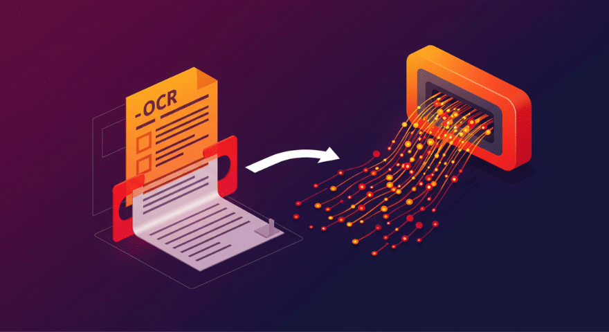 Illustration of OCR document automation converting scanned text into digital data streams