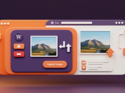 3D illustration of a WordPress interface showing drag-and-drop quick image upload functionality with a mountain photo preview, upload icons, and user interface buttons on a colorful orange and purple background.