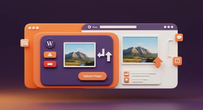 3D illustration of a WordPress interface showing drag-and-drop quick image upload functionality with a mountain photo preview, upload icons, and user interface buttons on a colorful orange and purple background.