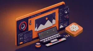 3D illustration of a React image editor interface with editing tools, preview screen, and customization options for developers