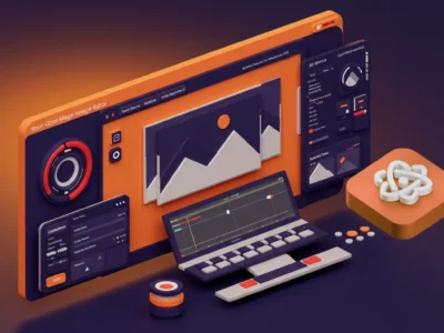 3D illustration of a React image editor interface with editing tools, preview screen, and customization options for developers