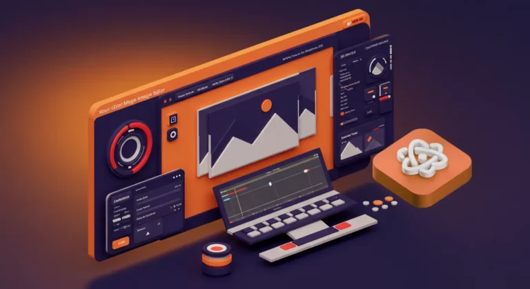 3D illustration of a React image editor interface with editing tools, preview screen, and customization options for developers