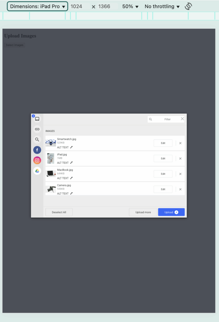 Responsive Filestack image uploader on an iPad screen
