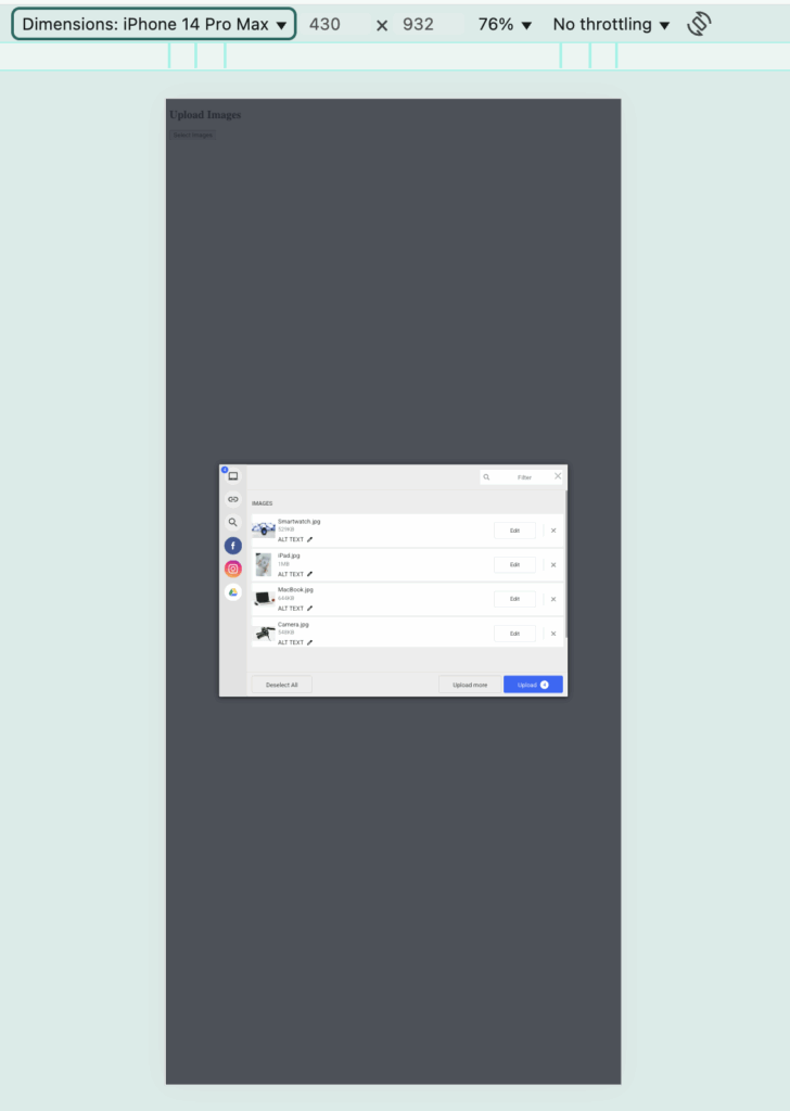 Responsive Filestack image uploader on an iPhone screen