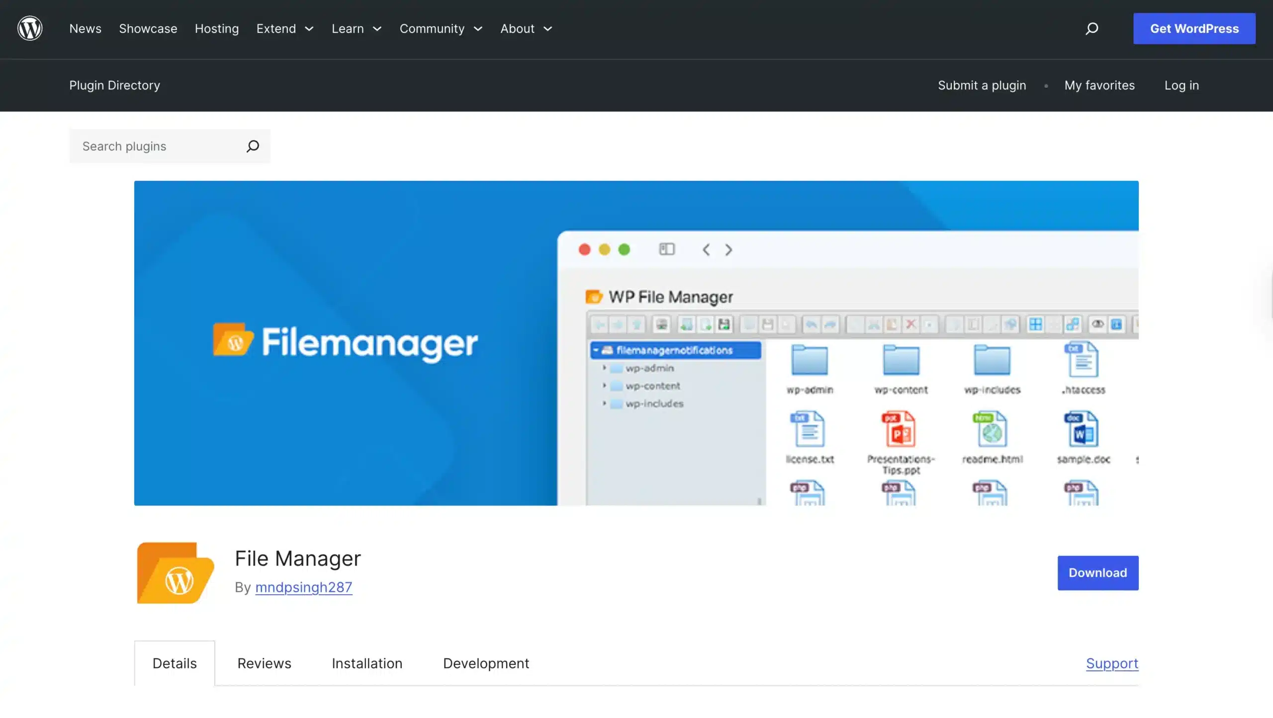 WordPress plugin page of WP File Manager - file manager plugin for WordPress