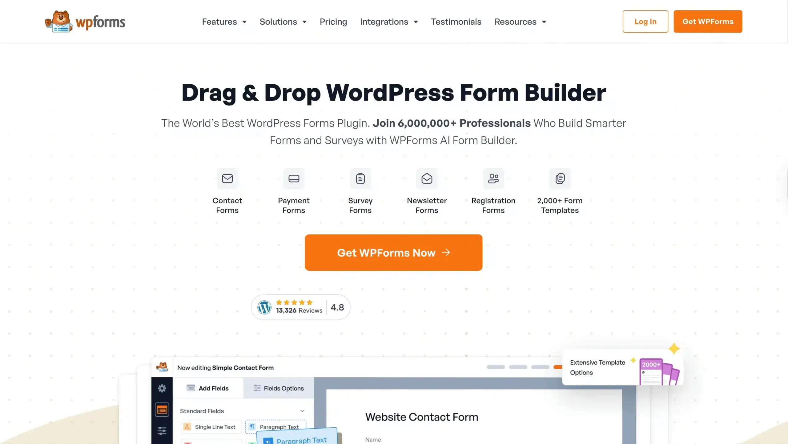 Home page of WPForms drag and drop WordPress file upload plugin