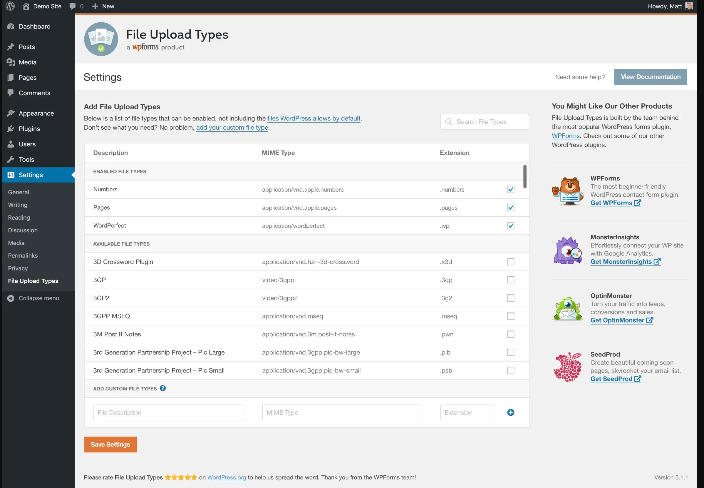 WordPress settings page of File Upload Types