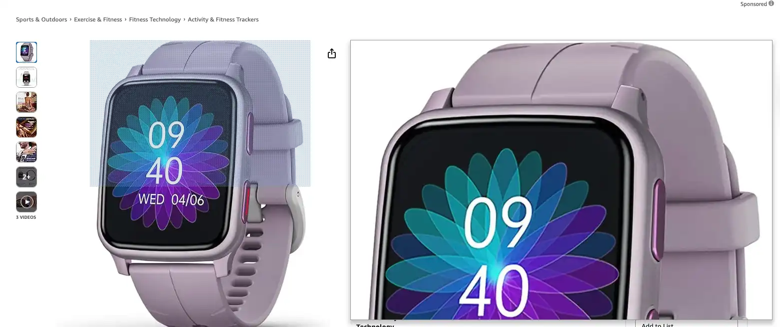 Zoomed-in product image of a smartwatch on an e-commerce site, demonstrating an interactive image gallery with panning and detail view.