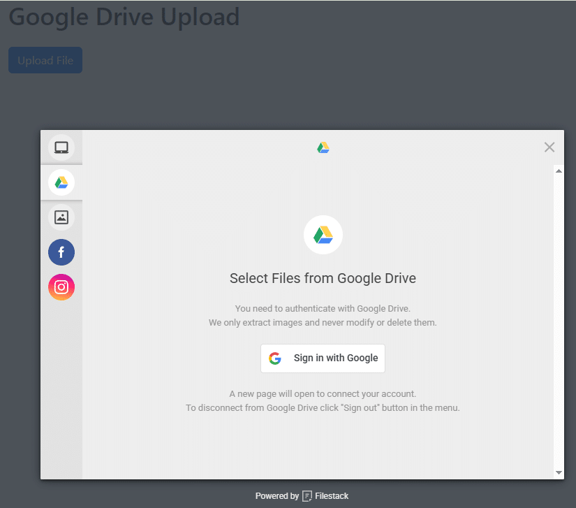 This example shows the screen from Filestack, a tool that lets you embed file uploads with Google Drive.