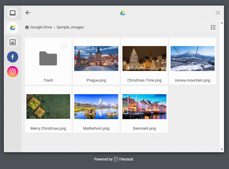 This image shows some photos from a Google Drive account. This lets users upload images straight from their account, bypassing potentially repetitive file transfers.