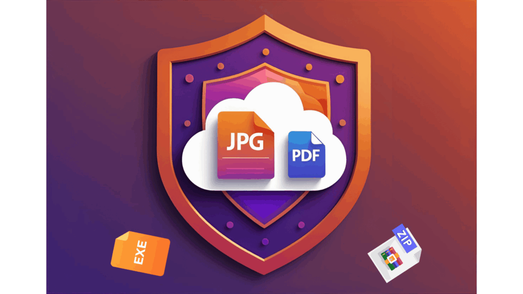 This image shows a shield that blocks both an .exe and a .zip file from entering the cloud storage, represented by a cloud. In the cloud, the files .jpg and .pdf are allowed to enter.