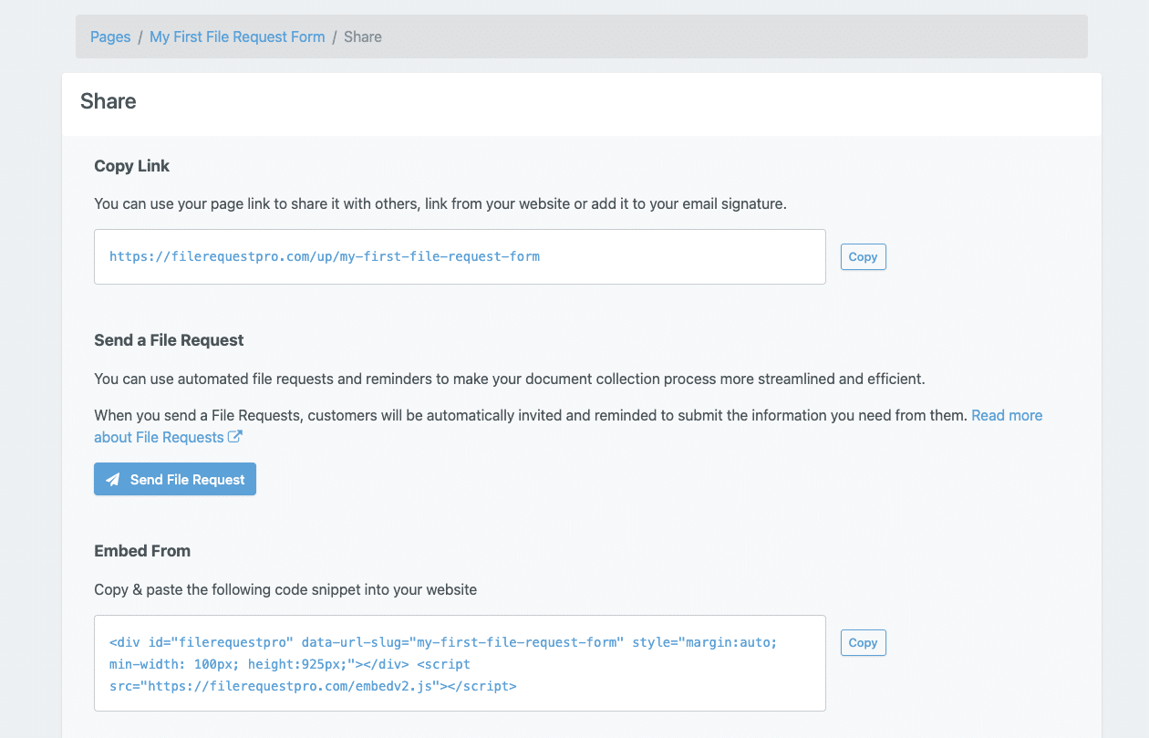 File Request Pro - File upload page sharing options