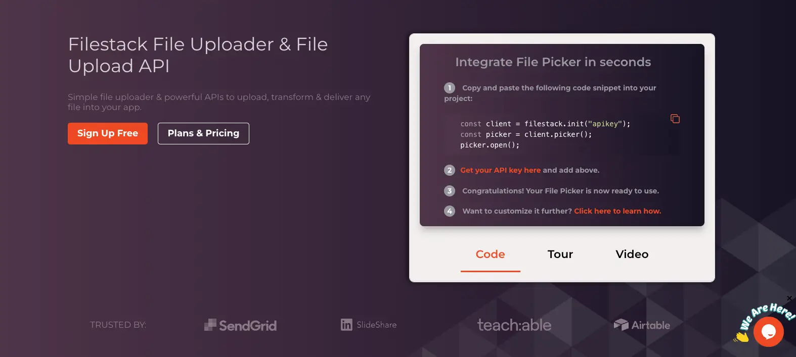Filestack image upload API homepage