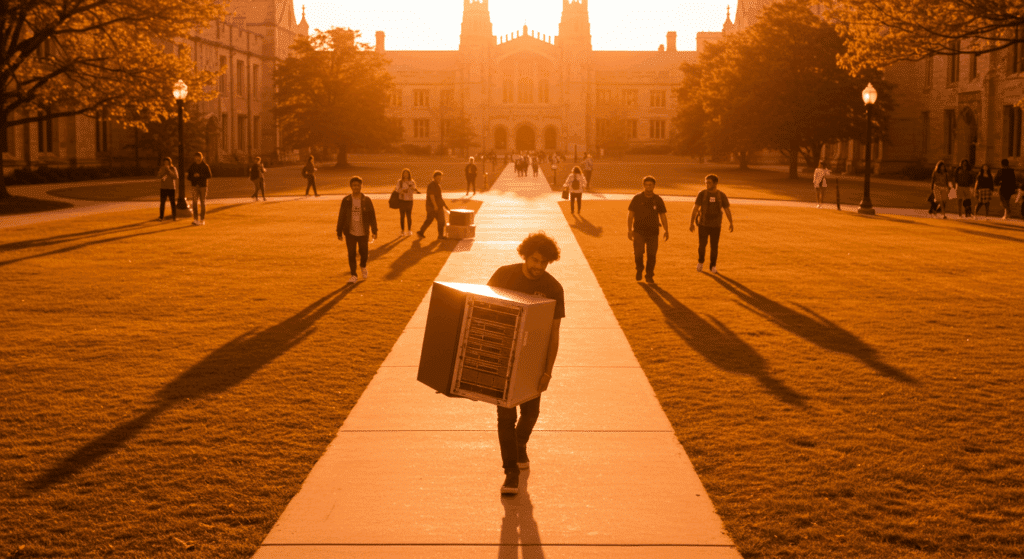 a person carrying a server inside a campus