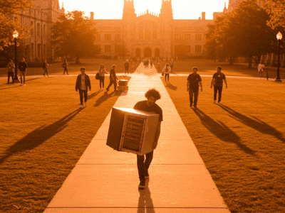 a person carrying a server inside a campus