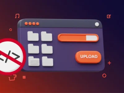 3D illustration of a no-code file uploader interface with folders, an upload button, a progress bar, and a red circle showing code crossed out, symbolizing no coding required