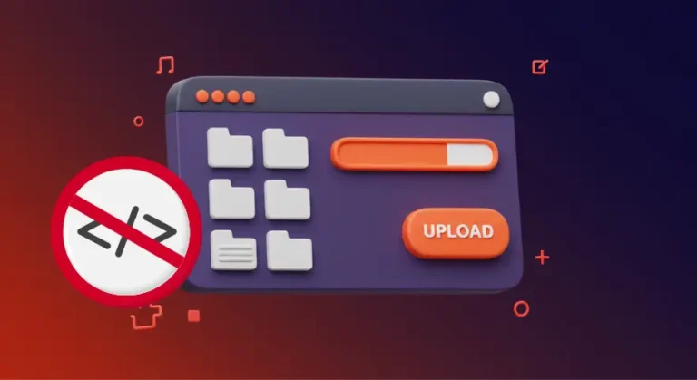 3D illustration of a no-code file uploader interface with folders, an upload button, a progress bar, and a red circle showing code crossed out, symbolizing no coding required