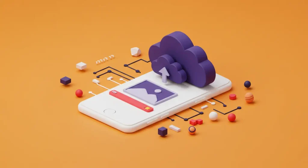 3D illustration showing quick image upload from a smartphone to a cloud server, featuring a connected network of elements representing mobile-first cloud API integrations.