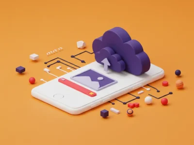 3D illustration showing quick image upload from a smartphone to a cloud server, featuring a connected network of elements representing mobile-first cloud API integrations.