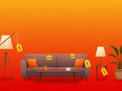 3D illustration of a living room with furniture items like a sofa, lamps, and plant automatically tagged, representing scalable image tagging.