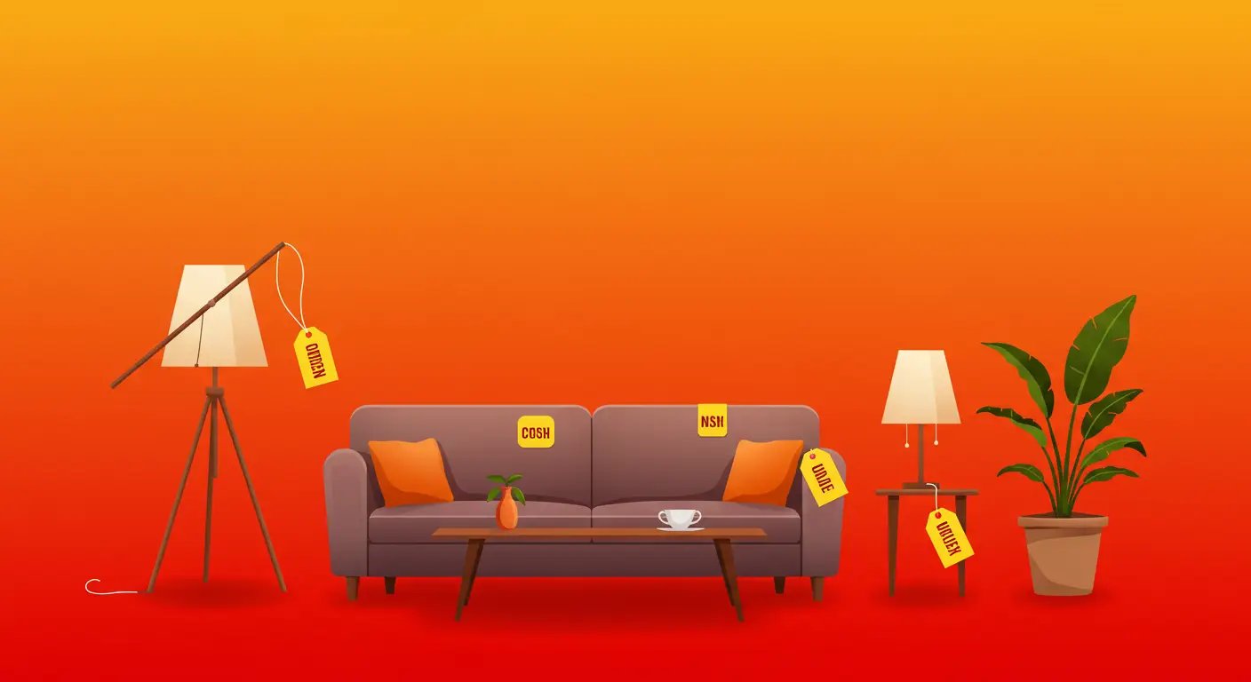 3D illustration of a living room with furniture items like a sofa, lamps, and plant automatically tagged, representing scalable image tagging.