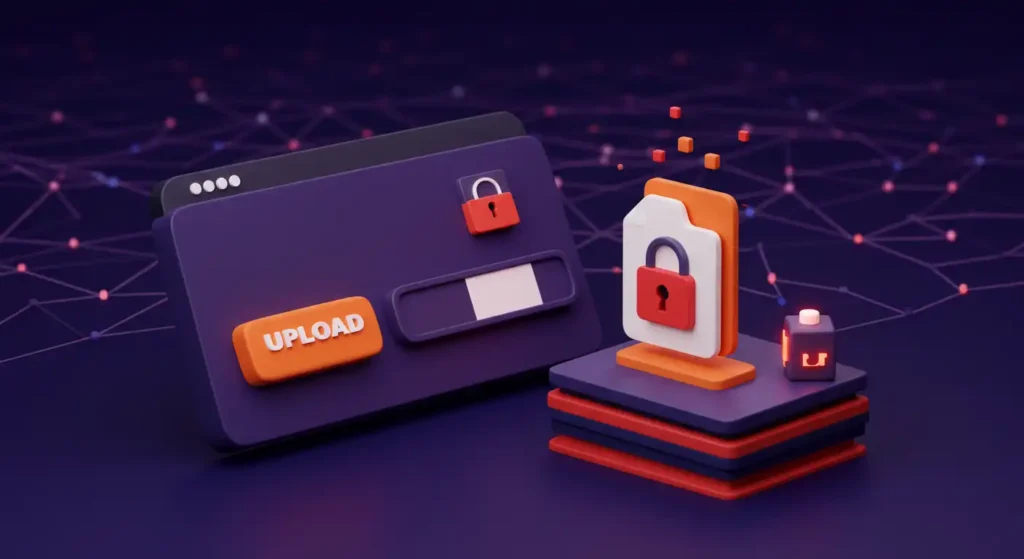 3D illustration of a secure file upload interface with padlocks and cloud storage elements, representing protection against file upload vulnerabilities on websites.